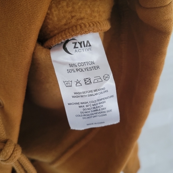 Zyia Camel Cropped Hoodie Drawstring Rust Burnt Orange Brown Logo Sleeve Small - Picture 9 of 10